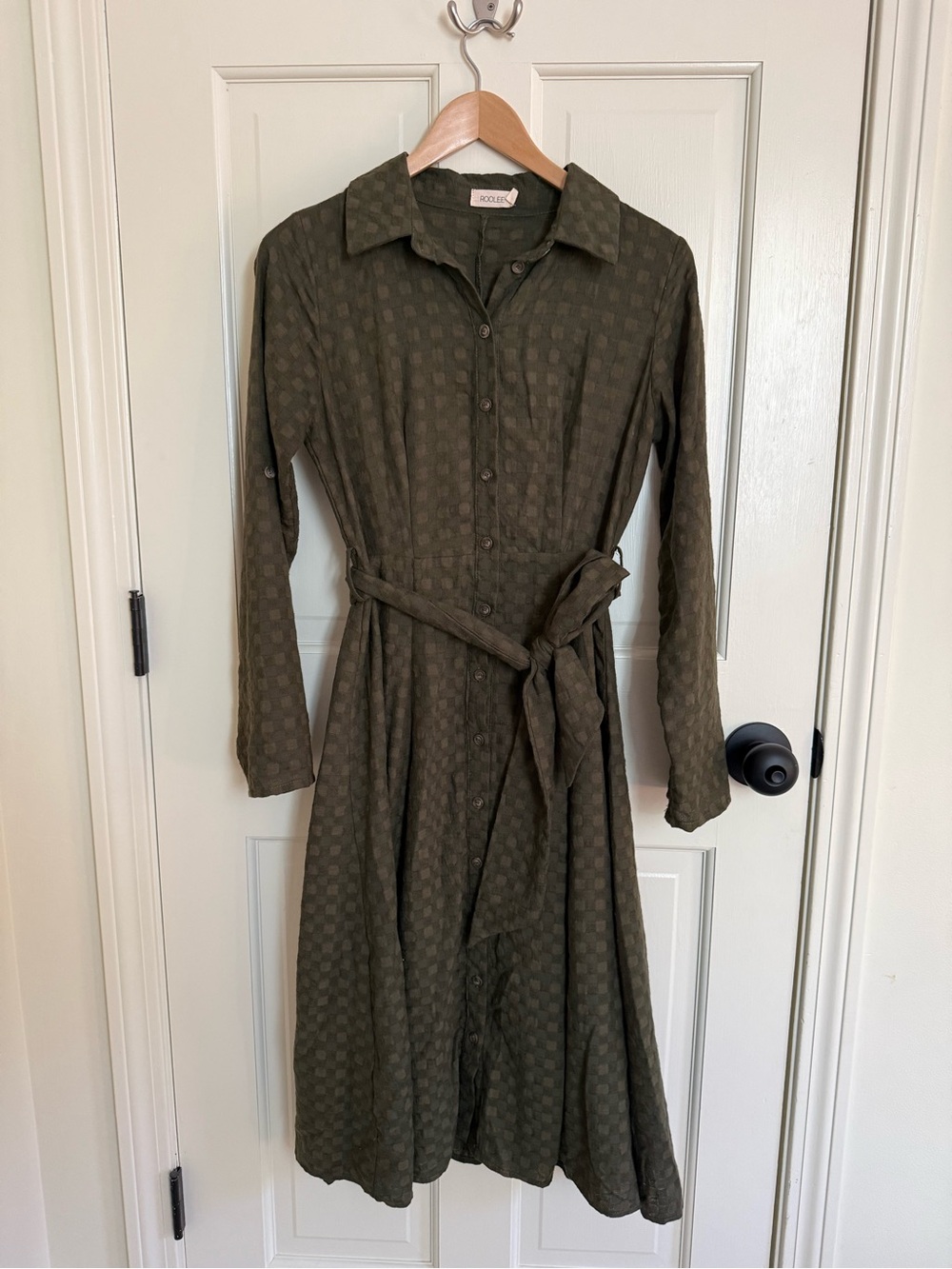 Roolee Olive Green Button Front Shirt Dress Small | Tie Waist | Checkered Textur